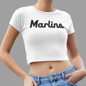 NEW Miami Marlins Script Team Color Pop Form Fit Crop Top Shirt WHITE
